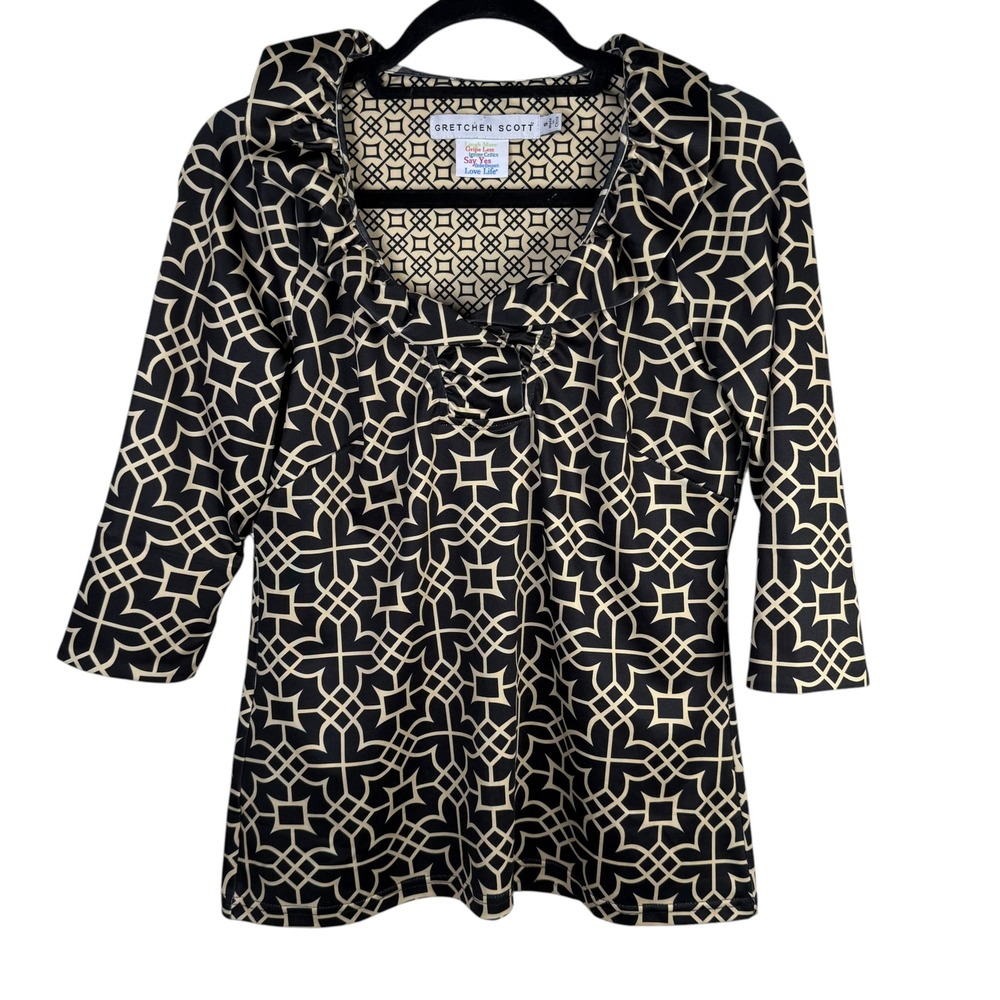 Gretchen Scott Ruffle Neck Black Print 3/4 Sleeve Pullover Blouse Size Small
